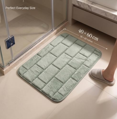 Image of Memory Foam Bath Mat for Bathroom & Kitchen | Anti-Skid Soft Floor Mat for Bedroom | Super Absorbent Quick Dry Microfiber Rug | Machine Washable Indoor Floor Mat | Sage Green | 40x60 cm