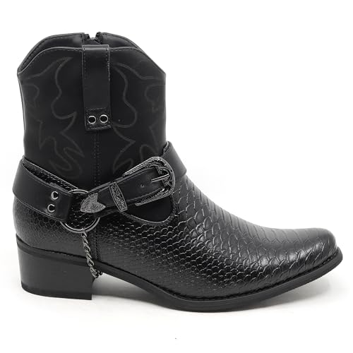 Metrocharm Western Cowboy Boots, Snake Pattern Synthetic Leather Upper, Metal Harness Detail WEST-012