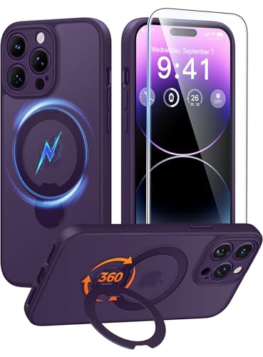 FNTCASE for iPhone 14 Pro-Max Case: [360 Spin Magnetic Stand] [Compatible with Magsafe] [Screen Protector] Translucent Matte Military Grade Shockproof Full Camera Protective Phone Cover - Purple