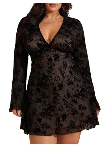 WDIRARA Women's Plus Size Floral Mini Dress Mesh Goth A Line Dresses Black