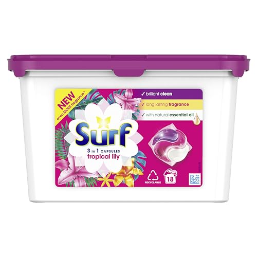 Surf Tropical Lily 3 in 1 Capsules Washing Capsules even more fragrance* for brilliantly clean laundry every time 18 washes