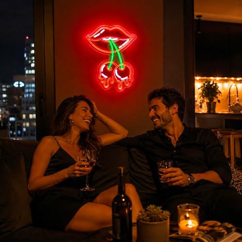 Image of Cherry Lips Neon Sign, Neon Signs for Wall Decor Neon Red LED Signs Room Neon Light Up Signs Home Decor for Bedroom Club Party Bar Shop USB Operated