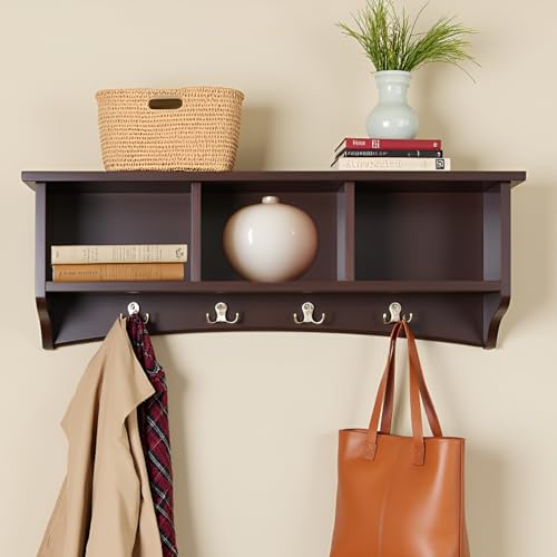 Image of Shaker Cottage Wall-Mounted Coat Rack with 3 Storage Cubbies and Hooks - Hanging Wall Organizer for Entryway, Mudroom, or Hallway, Space-Saving Wall Shelf, 36 inch W x 9 inch D x 14 inch H (Chocolate Finish)