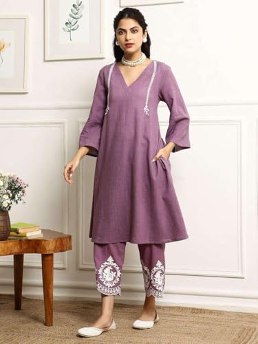Image of Women's Cotton Embroidered Straight Kurta & Pant with Dupatta Set (Purple)