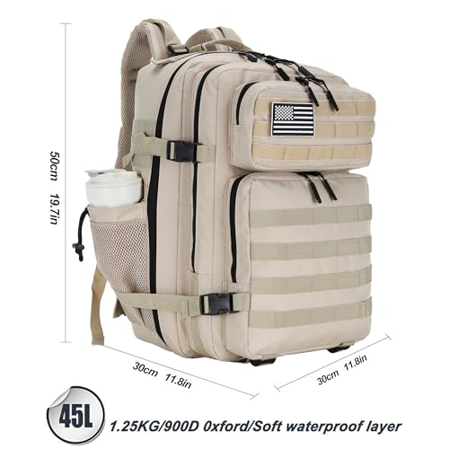 Lovelinks21 45L Tactical Assault Backpack 3 day assault pack with Molle Waterproof backpack Rucksack for Tactical Backpacks (Light Khaki)