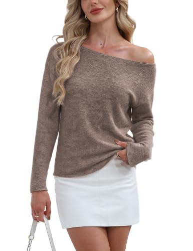 FAlABLE Women's Off Shoulder & Boat Neck Sweater, Soft Cozy Knit Fitted Long Sleeve Pullover Sweaters Tops Fall Winter Taupe