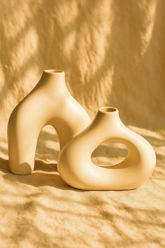 Image of SPHINX Ceramic Abstract Vase Set of 2 (7.5 & 5 Inch) | Nordic Minimalist Hollow & Arch Shaped Vases for Home, Table, Shelf, Office & Boho Decor | Matte Beige Modern Decorative Potter