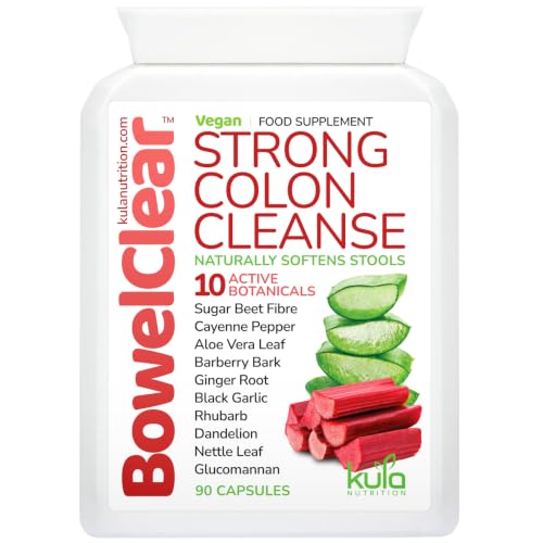 BowelClear - Strong Colon Cleanse Detox Fast-Acting Herbal Laxatives for Constipation Relief in Adults - Natural Stool Softener with Aloe Vera Fibre for Regular Bowel Movements - 90 Vegan Capsules