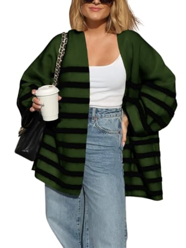 Saodimallsu Womens Oversized Striped Cardigans Open Front Chunky Knit Casual Loose Fit Long Sleeve Sweater Coats2