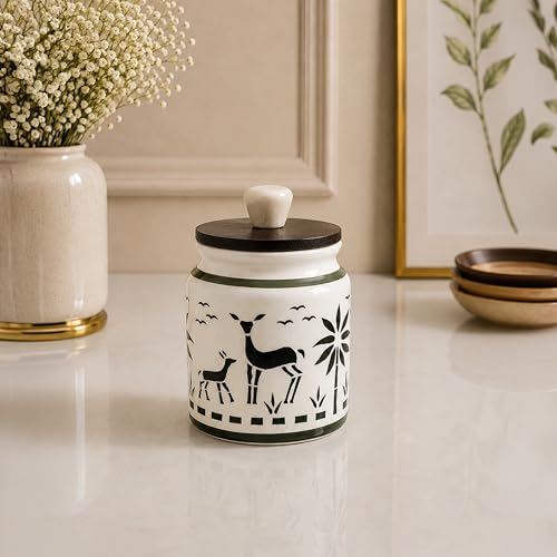 Image of Ceramic Kitchen Jars for Storage | Air Tight Containers with Wooden Lids | Masala, Salt, Pickle, Dry Fruits & Multi Utility Items Organiser Set (Hand-Painted, Green Deer, 450 ML, Pack of 1)