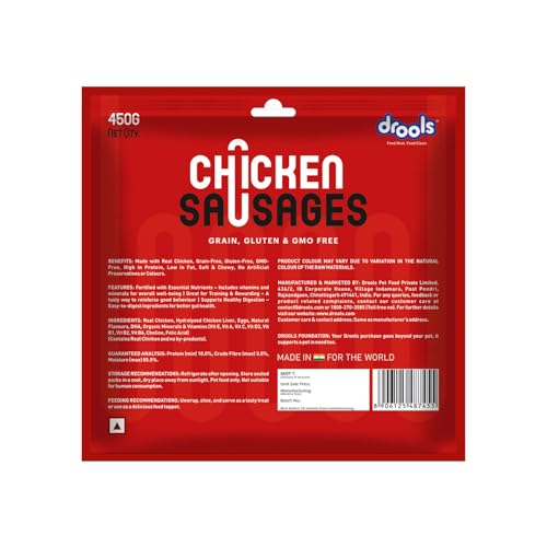 Image of Drools Adult & Puppy Sausage for Dog, 450g | Chicken Flavour | High Protein | Treat & Food Topper | Grain Free | Best for Training & Bonding | No Preservatives