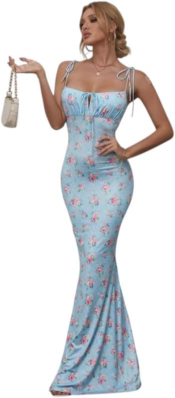 prom dress lingerie Women's Lingerie Dresses Tie Shoulder Fishtail Hem Floral Print Prom Dress  Dress for Women (Blue, One Size): Buy Online at Best Price in Egypt