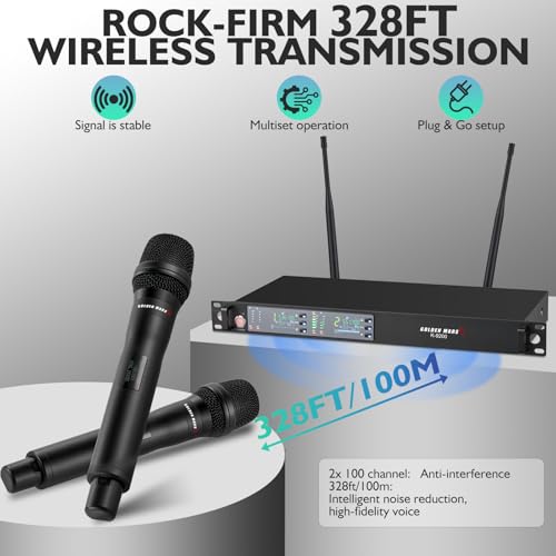 GOLDEN MARS Wireless Microphone System, 2 Channel Wireless Mics, w/ 2x100 UHF Frequencies, IR Auto Scan, 328ft Long Range, 2 Handheld Dynamic Microphone for Singing, Church, Karaoke by GOLDEN MARS - Image 2