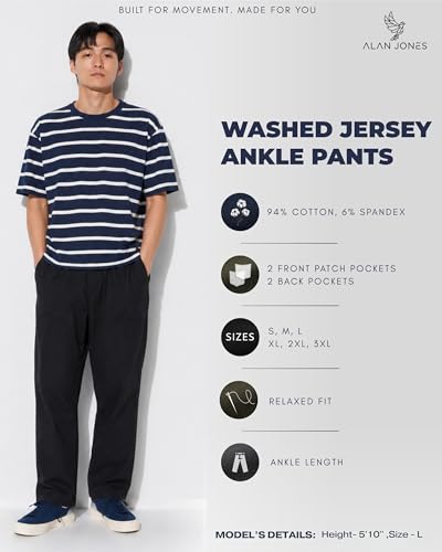 Image of Alan Jones Clothing Mens Washed Jersey Cotton Ankle Pants | Soft Stretch Jersey Cotton | Elastic Waist with Drawstring