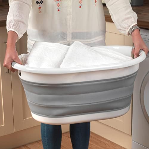 Beldray LA034816 Oval Collapsible Laundry Basket Foldable Washing/Clothes Basket, 37 Litre Capacity, Plastic Carry Handles, Easy Store For Compact Living, Strong & Durable, Grey
