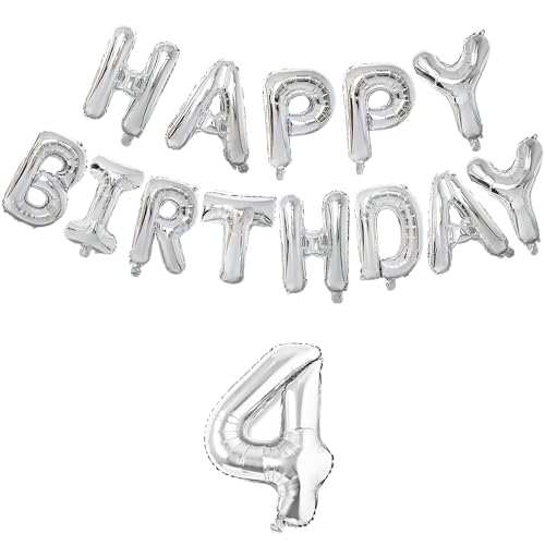 Image of Flyloons 4th Silver Colour Happy Birthday Foil Balloon Set For 4 Year Old Boys Girls Baby | With Number Four | 13 Letters Reusable Happy Birthday Metallic Foil Balloons Decoration Kit, 14 Pcs