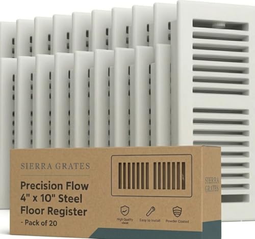 Image of 4 inch x 10 inch White Floor Register 2 Way - Stamped Face Steel Vent Cover, HVAC Floor Grille for AC Heat, Fits 4x10 Duct Opening, Heavy Duty Metal Register, 20 Pack