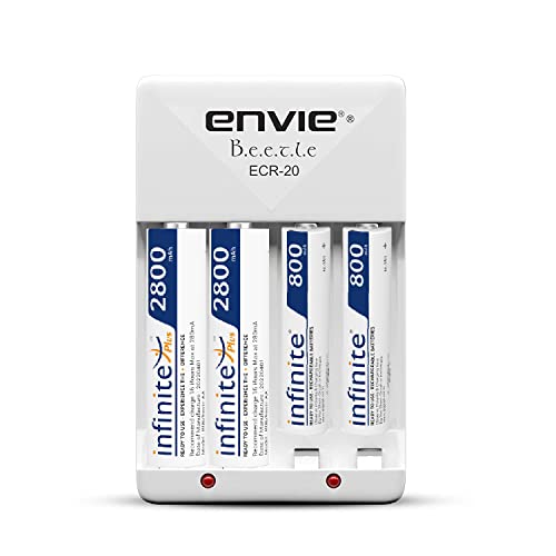 Image of ENVIE (ECR2028008002PL) Beetle High Speed Wall Plug Charger ECR 20 for AA & AAA Ni-mh /Ni-cd Rechargeable Batteries with 2 xAA2800 & 2xAAA800 Infinite Plus Rechargeable Batteries & LED Indicator
