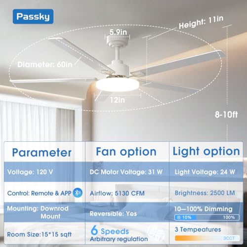 Image of Passky 60 Inch White Sleek Ceiling Fans with Lights, Remote Control | 3-color dimmable light, quiet reversible DC motor, easy install, memory, Timer, APP, bedroom, covered outdoor areas