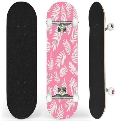 Complete Skateboard with Seamless Tropical White Palm Leaves Pink Summer Exotic for Beginner Skateboard 7-Layer Maple Wood Double Kick Concave Skateboards for Kids, Adults, Teens 31