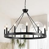 VBKK Wagon Wheel Chandelier 32' 12-Light, Round Black Chandeliers Farmhouse Modern Wagon Wheel Light Fixtures, for High Ceiling Dining Living Room, Foyer, Entryway