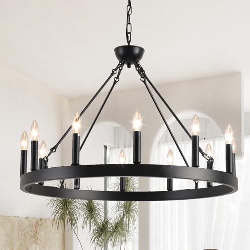 VBKK Wagon Wheel Chandelier 32 12-Light Black Modern Farmhouse Chandeliers