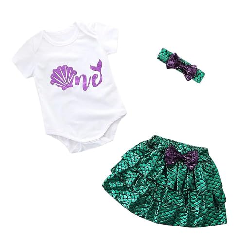 Lito Angels Vestido de Primera Cumpleaños Bebe Niñas, Mono Mameluco con Sirena Falda y Diadema, Talla 0 3 meses, Manga Corta, Verde, D