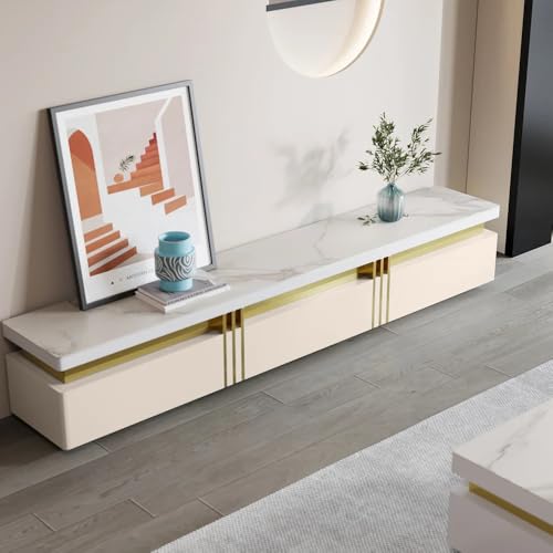 Image of Luxury Joyce Modern TV Unit /Console - 70 inch Naino Compsit Marble Top, 3 Drawer Storage - White & Gold Finish - Scratch Resistant, Waterproof Plywood - Living Room Media Cabinet (Ivory)