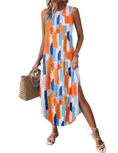 Image of Zeagoo Colorful Print Maxi Dress, Polyester Blend, Sleeveless, Loose, Adult, Female, Womens, Casual, Patterned, Pleated, Side Split, Anniversary, Large