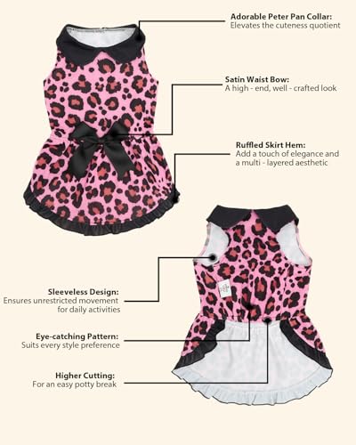 Image of CuteBone Trendy Pink Leopard Print Pet Dress with Peter Pan Collar - Sweet & Edgy Pattern - Sleeveless Ruffled Skirt with Bow for Small Dogs, Cats - Stylish Daily & Party Wear