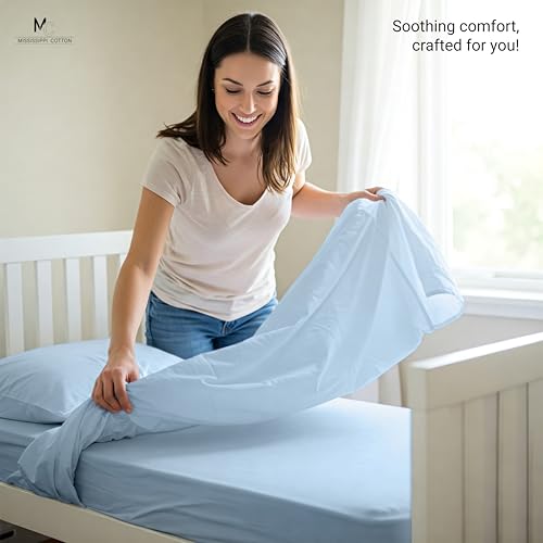 Image of 3-Piece Toddler Sheet Set Cotton Bedding - Soft & Breathable - Includes Fitted Sheet, Flat Sheet & Pillowcase - Fits Standard Crib & Toddler Mattresses - Light Blue