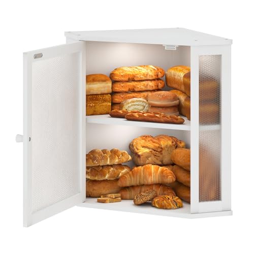 Furshus Corner Bread Box for Kitchen Countertop - Elegant Double Layer Bamboo Storage Bin with Window for Homemade Goods (White, Large)
