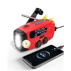 086S Hand Crank Emergency Radio – 2000mAh/7400mWh AM/FM/NOAA Solar Hand Crank Emergency Radio with 3 LED Flashlight, SOS Function for Emergencies, Camping – Red