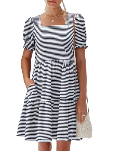 Image of ANRABESS Women Summer Square Neck Puff Short Sleeve Mini Dress 2026 Casual Flowy Sundress Beach Vacation Clothes with Pockets