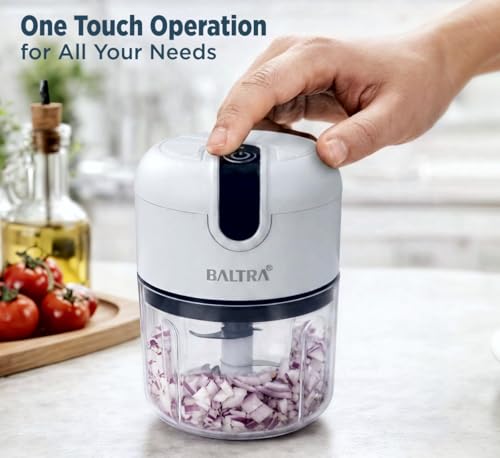 Image of BALTRA Slice Rechargeable Mini Electric Chopper, 250ml Food Grade Bowl, Stainless Steel Blades, One Touch Operation, 3 Stainless Steel Blades for Effortlessly Chopping Vegetables, Fruits 1yr Warranty