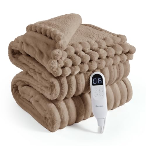 Image of Bedsure Thick Electric Blanket Twin, Heated Blanket Throw, Preheat, Brown