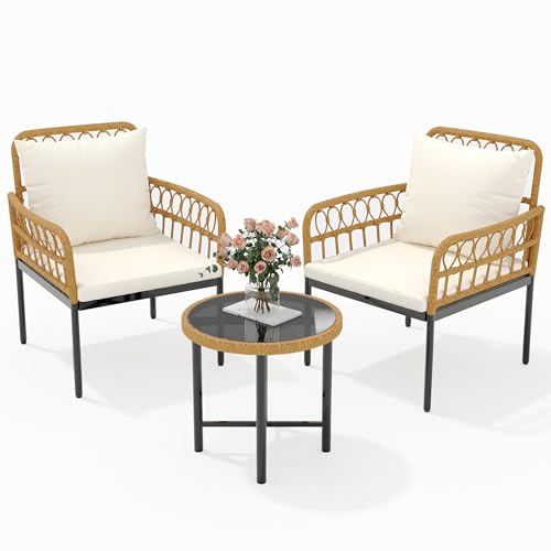 GarveeLife Wicker 3 Pieces Patio Bistro Sets Outdoor Conversation Sets with Glass Top Side Table and 2 Modern Rattan Chairs, Patio Furniture Set for Apartment, Backyard, Porch, Balcony, Lawn (Beige) by GarveeLife - Image 7