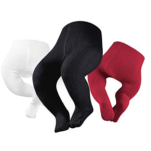 Petrass Baby Girls Cable Knitted Tights Infant Full-Footed Seamless Cotton Tights New-born Girls Seamless Leggings (Black/Ivory/Red, 0-3 Months)