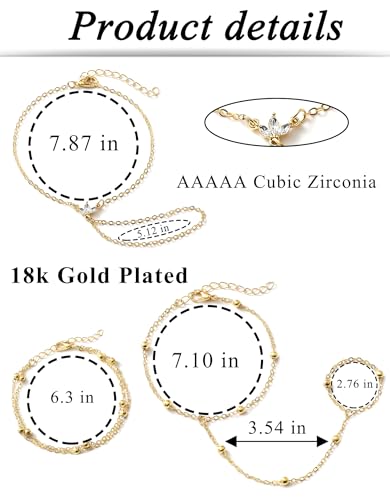 Tornito 9Pcs Hand Chain Bracelet for Women 18k Gold Plated Ring Bracelet Cubic Zircon Bead Flower Finger Bracelet Hand Jewelry Silver Gold Tone Size Adjustable2