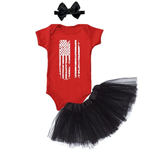 Image of Haase Unlimited Red Line American Flag - Support Firefighters Baby Bodysuit + Tutu Skirt + Bow Headband Set