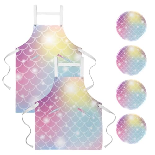 Lot de 2 tabliers de cuisine avec 4 broches motif écailles de sirène rose