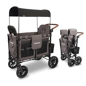 WONDERFOLD W2 Luxe Stroller Wagon (2 Seater) – Collapsible Wagon Stroller with Seats with Magnetic Buckle 5-Point Harnesses and Adjustable Sun Canopy, Charcoal Gray