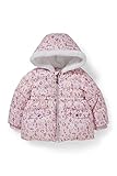 Baby-Steppjacke aus glattem Material mit herbstlichem Blumenmuster und Kapuze. Zwei Druckknopf-Klappentaschen und Ärmelabschlüsse mit Rippbündchen. Inwendig aus weichem Plüsch.
