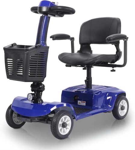SEEDREAM 4 Wheel Mobility Scooter - Electric Powered Wheelchair Device - Compact Heavy Duty Mobile for Travel, Adults, Elderly - Long Range Power Extended Battery with Charger & Basket (Blue)