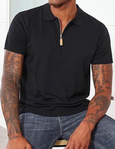 Men's Casual Zipper Polo Shirts Regular Fit Short Sleeve Knitting Shirts Stretchy Golf Shirts4