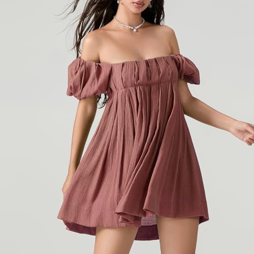 Image of Women Y2k Puff Sleeve Babydoll Dresses Square Neck Tie Back Mini Dress Summer Solid Off Shoulder Flowy Sundress