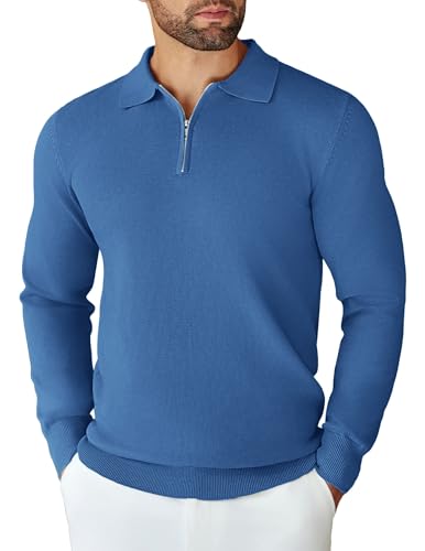 COOFANDY Men's Polo Jumper Knitted Half Zip Sweater Long Sleeve Poloshirt Winter Basic Regular Fit Work Sweatshirt Deep Blue S
