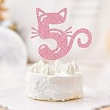 FmiyunEea Cat Cake Topper, Pink Glitter Pet Cat Theme 5th/five Birthday Cake Decor (5)