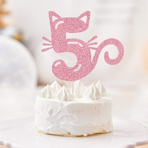 FmiyunEea Cat Cake Topper, Pink Glitter Pet Cat Theme 5th/five Birthday Cake Decor (5)