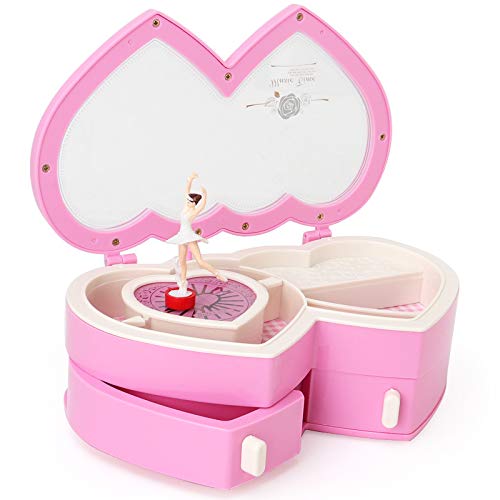 Joyero musical, joyero musical para niñas, en forma de corazón, organizador con caja de música giratoria para niñas bailarinas (rosa)